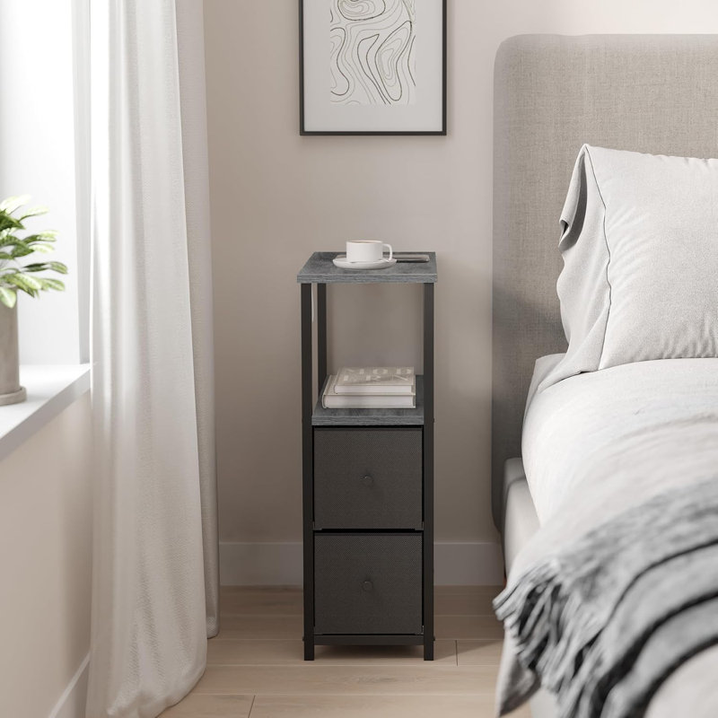 Modern Fabric Nightstands With 2 Drawers, Set Of 2 Side End Tables For Living Room And Bedroom, Charcoal Gray
