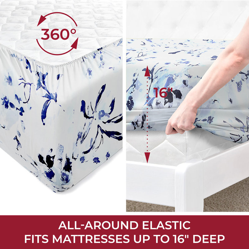 Mellanni 1800 Bed Sheets Full Madison Blue, Full Sheet Set, Madison Blue Floral