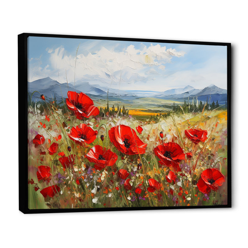 «Red Poppies Field In Mountain I», reproduction sur toile, H 12 po x l 20 po x P 1 po, Cadre flottant noir