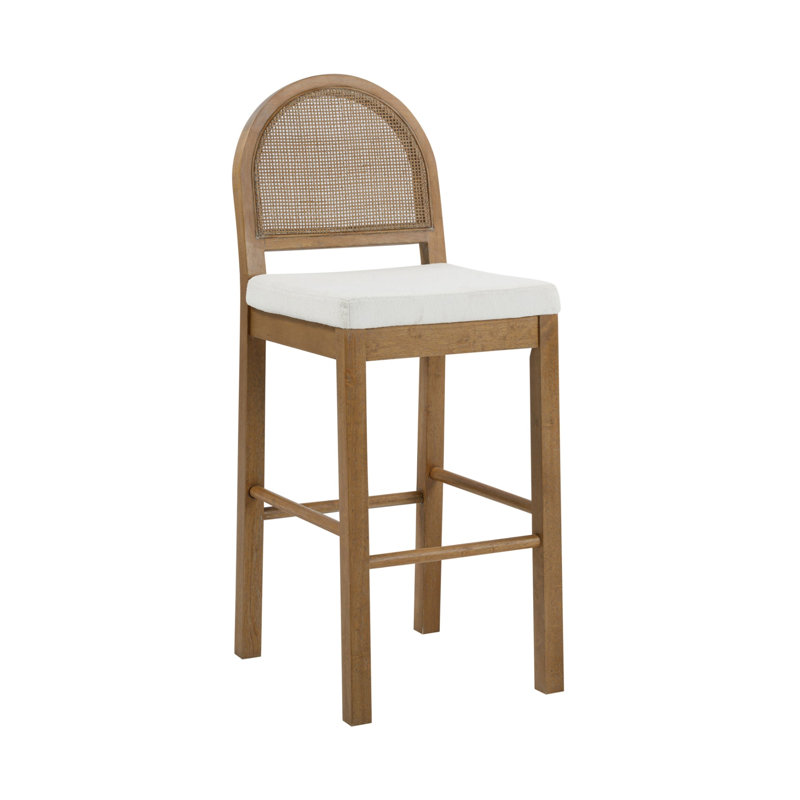 Ensemble de 4 tabourets de bar rembourrés avec dossier en rotin tissé Boucle, 4, Crème / brun clair