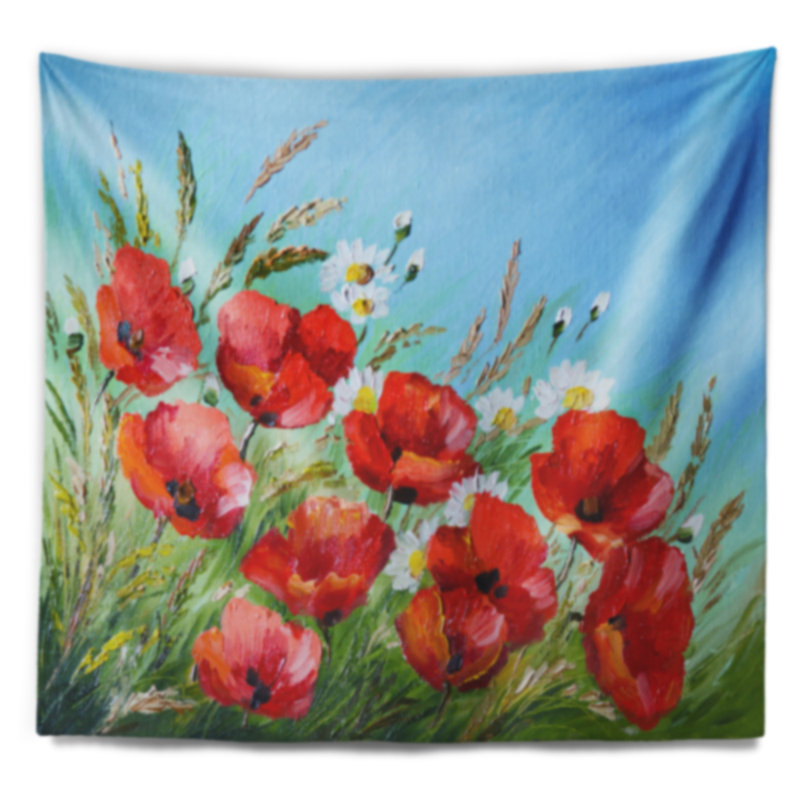 Coquelicots floraux dans un champ contre une tapisserie bleu ciel, H 78 po x l 92 po