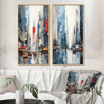 Minimaliste bleu et orange New York Shyscrapers I - gratte-ciel, ensemble de 2 reproductions d'art mural