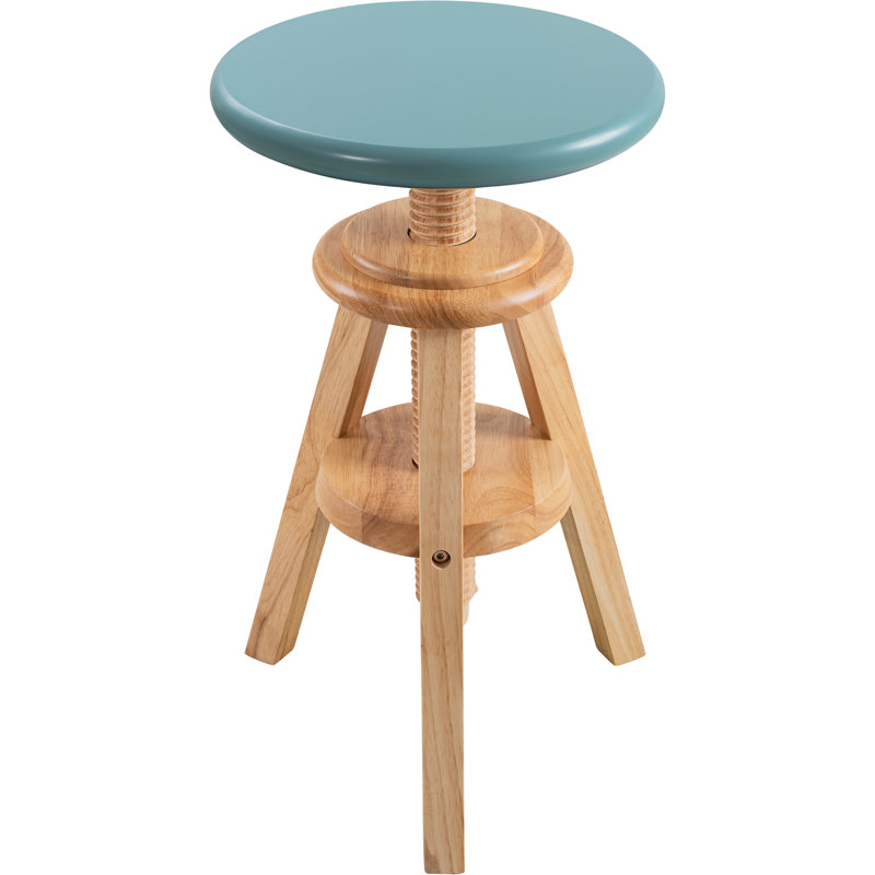 Hiltrun 18.9"-25.2"H Solid Hardwood Swivel Adjustable Height Counter Stool, Natural Base with Teal Top, Teal