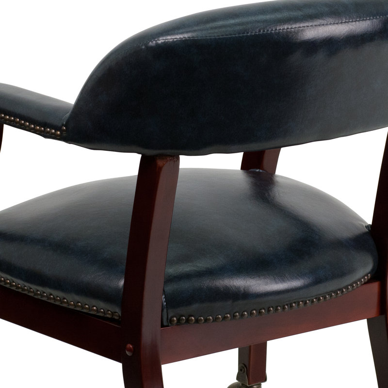 Navy Vinyl Captain's Conference Chair with Brass Casters and Mahogany Frame