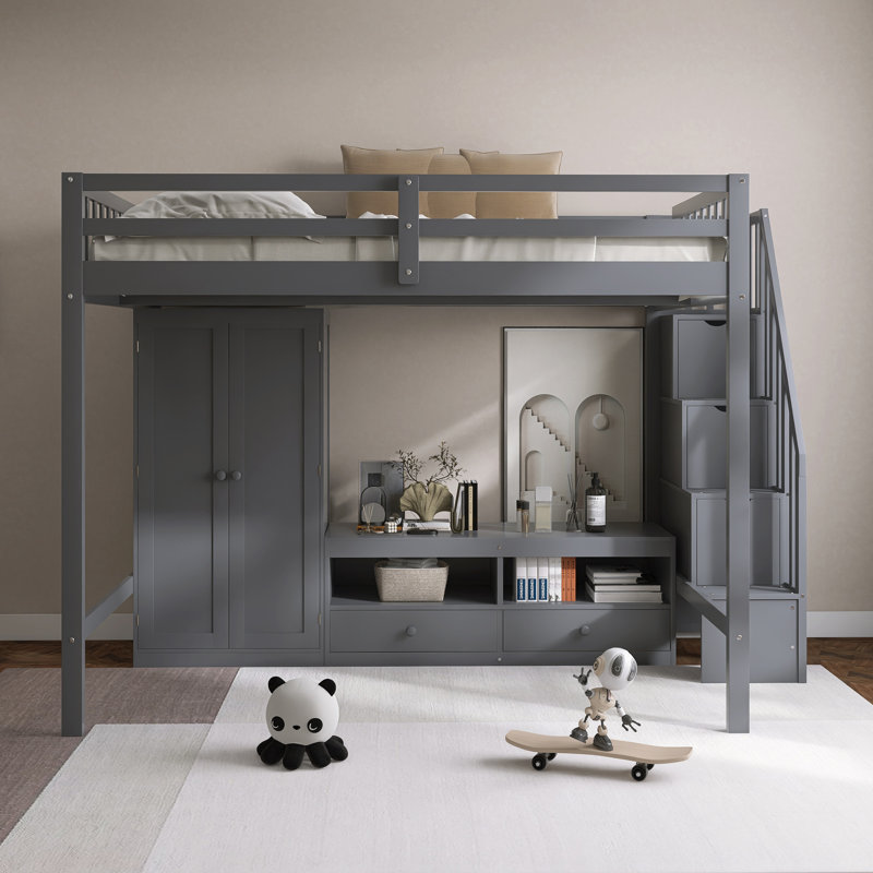 Full Size Loft Bed Frame With Wardrobe,Low Storage Table And Storage Staircase, Grey