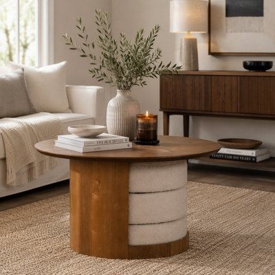 Round Wood Coffee Table with 3 Teddy Fabric Nesting Stools and Hidden Storage