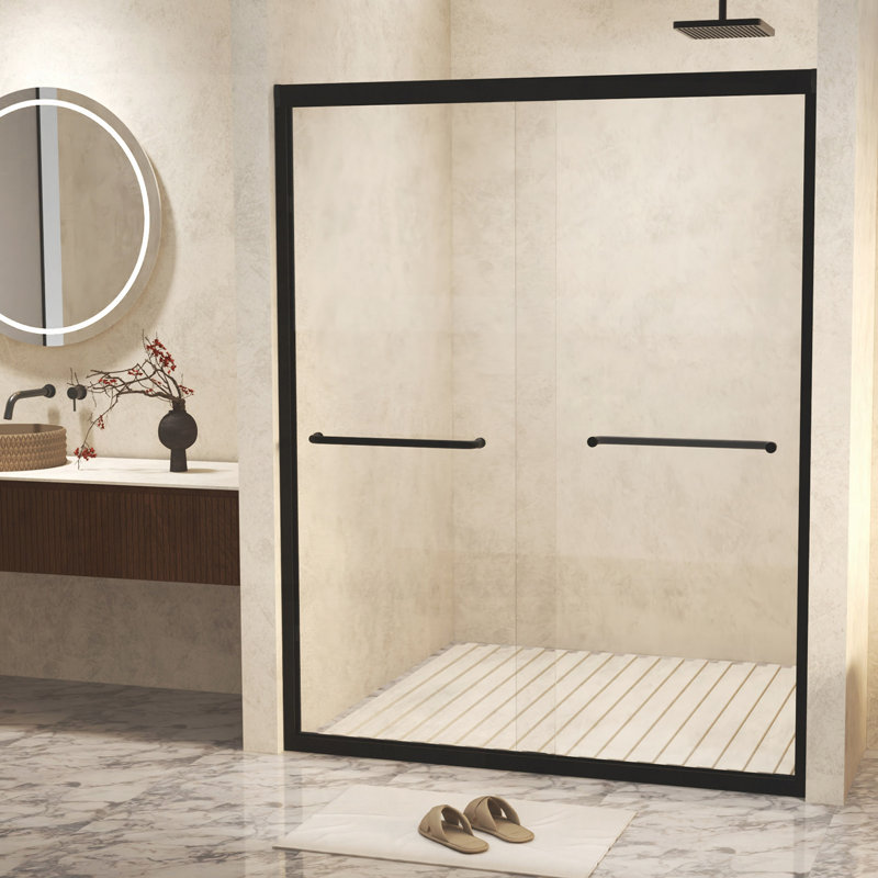 Verre trempé avec film antidéflagrant, porte de douche coulissante double en aluminium, 1/4 (6 mm), poignée en acier inoxydable, noir mat