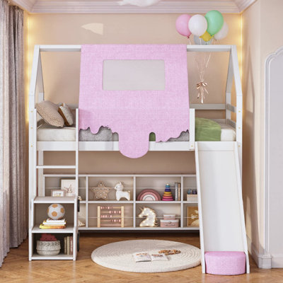 Twin/Full Size Wooden Loft Bed with Play Tent, Slide & Built-In Storage - House Frame Kids Bunk Bed Fun Design