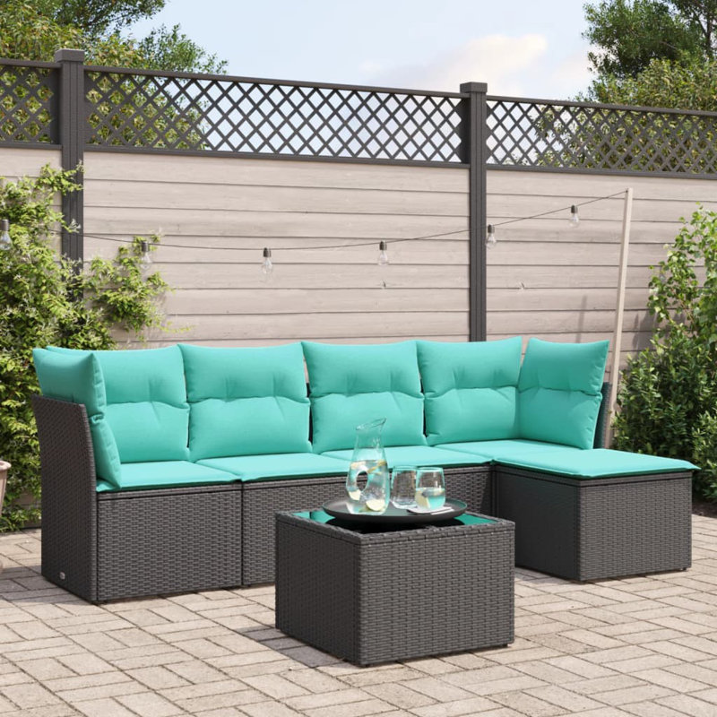 Ensemble de canapé de patio 6 pièces avec coussins en rotin de polyester, Bleu clair, Noir