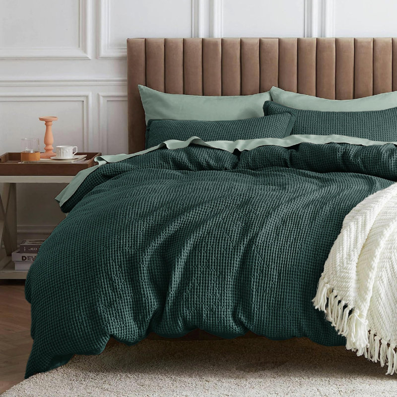 Ensemble d'édredon gaufré, Édredon pour grand lit + 2 taies décoratives, Vert forêt