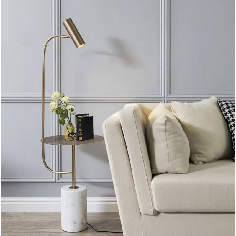 Corner Marble Base & Gold Metal Pedestal Table Floor Lamp, Adjustable Shade | Elegant Design