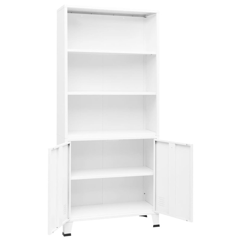 White Steel 3-Shelf Bookcase with Cabinet