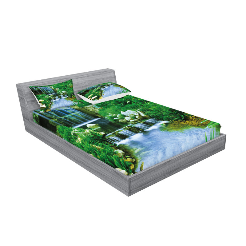 Ambesonne Nature Fitted Sheet & Pillow Sham Set, Fern Green Pale Blue, Queen Sheet Set + 1 Fitted Sheet + 4 Pillowcases