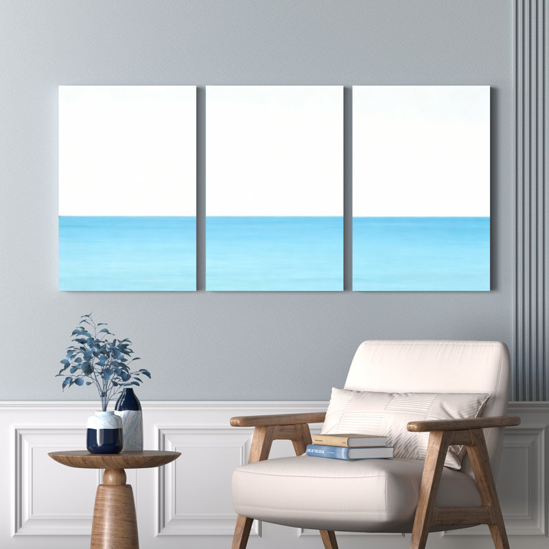 Ensemble de 3 tableaux abstraits sur toile tendue représentant un horizon océanique, H 36 po x l 72 po