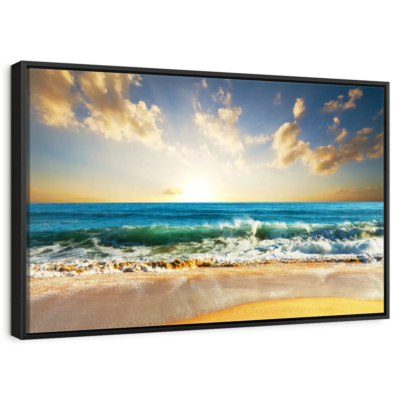 Coucher de soleil sur l'océan, 46 po x 31 po, Cadre flottant noir