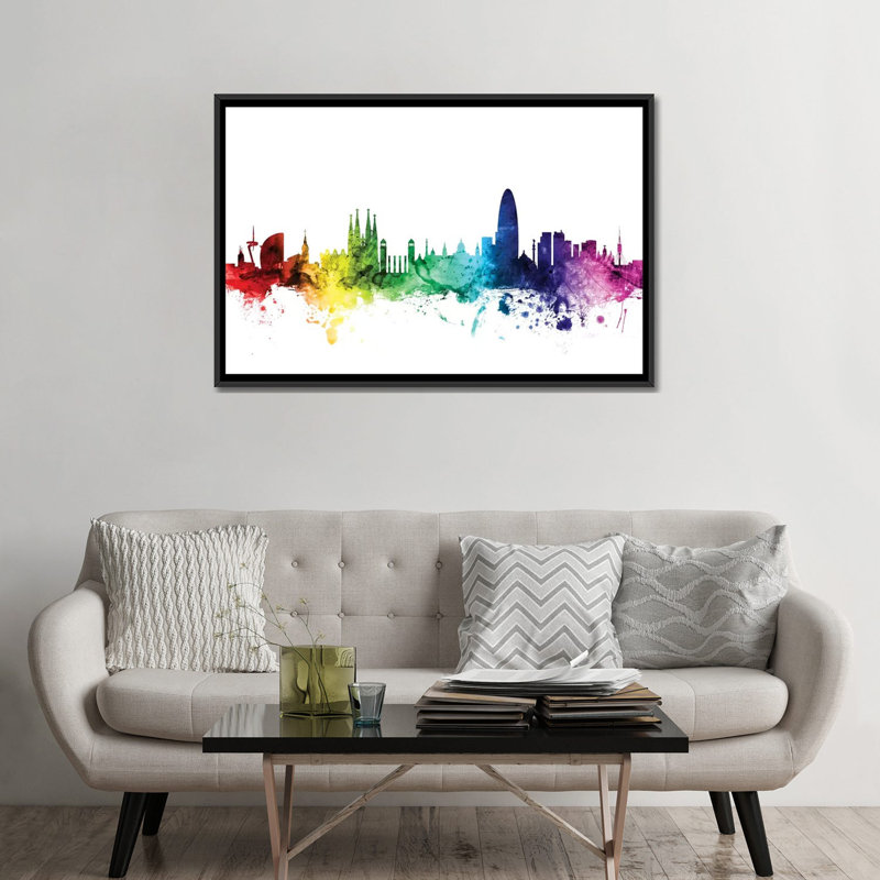 Rainbow Skyline Series: Barcelona, Espagne, impression sur toile tendue, H 32 po x l 48 po x P 1,5 po, Toile avec cadre noir