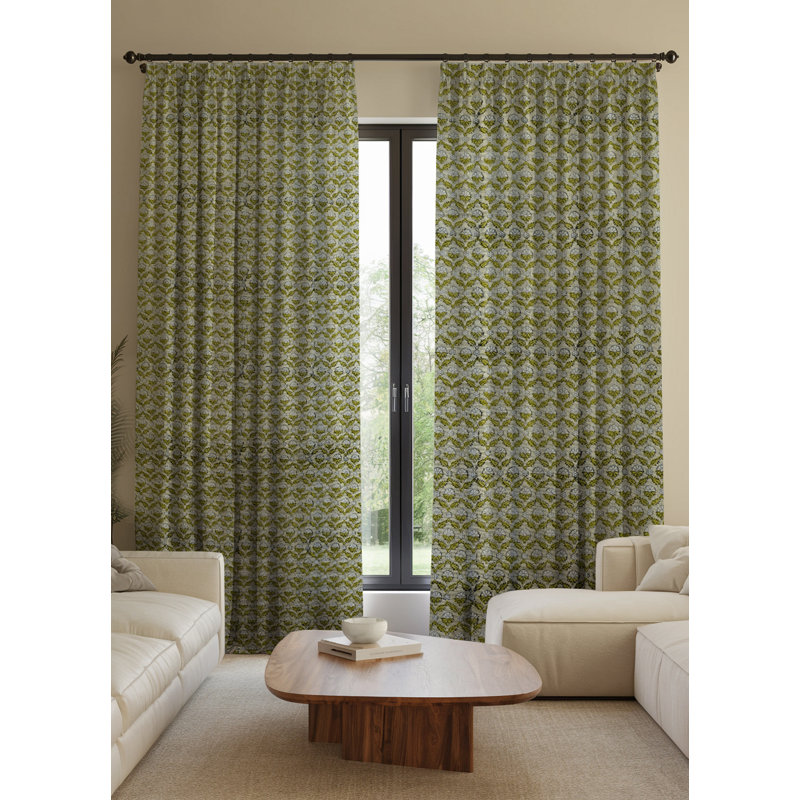 Fabdivine 27x57 Inches Handmade Green Floral Pattern Block Print Pinch Pleated Thick Linen Hook Drapes, Window Treatments Home Decorative 100% Blackout 2 Panel Set Curtains, Shehnaaz