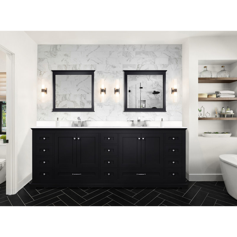 Meuble-lavabo double 84 po X 22 po, plateau en marbre de culture, robinet inclus, 34 miroirs, éraflures et taches avec du robinet, teinture pour la durabilité