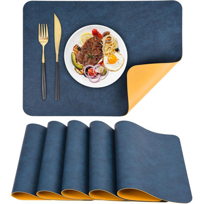 Faux Leather Placemats Set of 6 Heat Resistant Table Mats 17×12 Inch | Waterproof & Wipeable Place Mats Reversible Table Placemats for Kitchen Dining Decor Indoor & Outdoor 43×30 CM Blue/ Yellow
