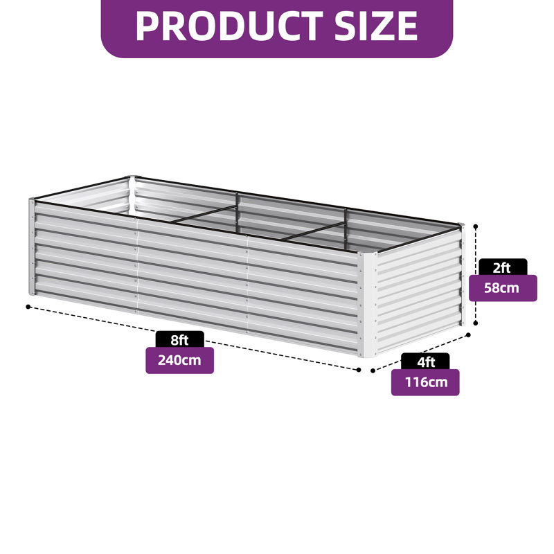 Galvanized Raised Garden Bed With Gloves, Silver, 24" H x 96" W x 48" D
