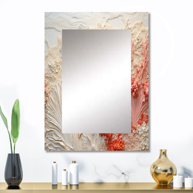 «Rose and White Coastal Coral Collage V» - miroir mural corail, miroir décoratif crème, impression d'art en métal