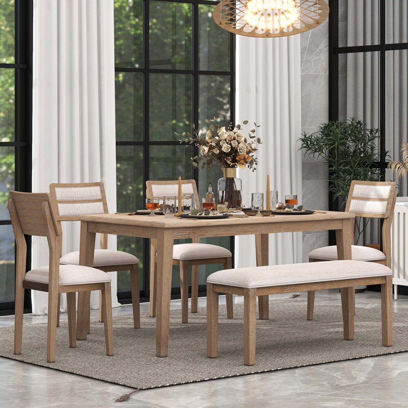 Ensemble de salle à manger 6 pièces de style classique et traditionnel, comprenant une table de salle à manger, 4 chaises rembourrées et un banc