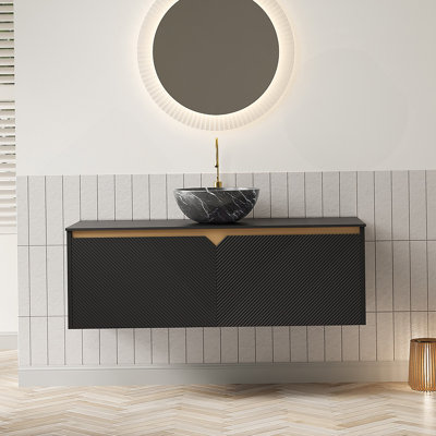 Meuble-lavabo 48 po, meuble-lavabo mural en contreplaqué flottant, portes doubles en sergé avec garniture en métal, vasque en céramique noire avec motif en pierre et plateau en pierre frittée noire, noir