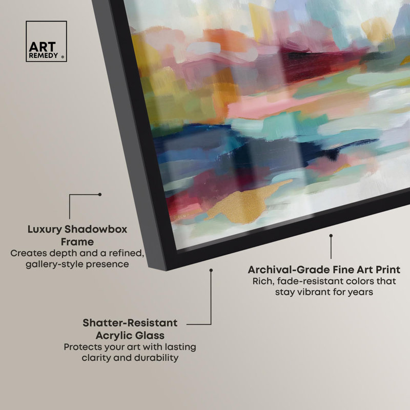 «Vibrant Dreamscape Shadowbox Print», art mural abstrait par Art Remedy, cadre noir, 25 x 17, H 17 po x l 25 po