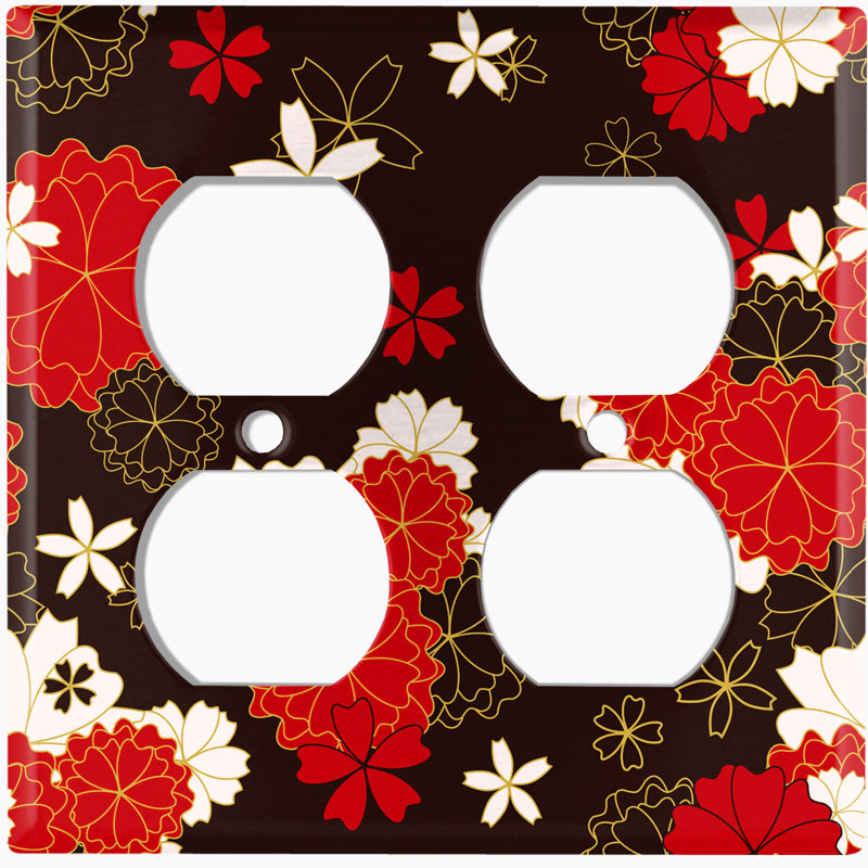 Metal Light Switch Plate Outlet Cover (Japanese Red Flower White Black   - Single Toggle)