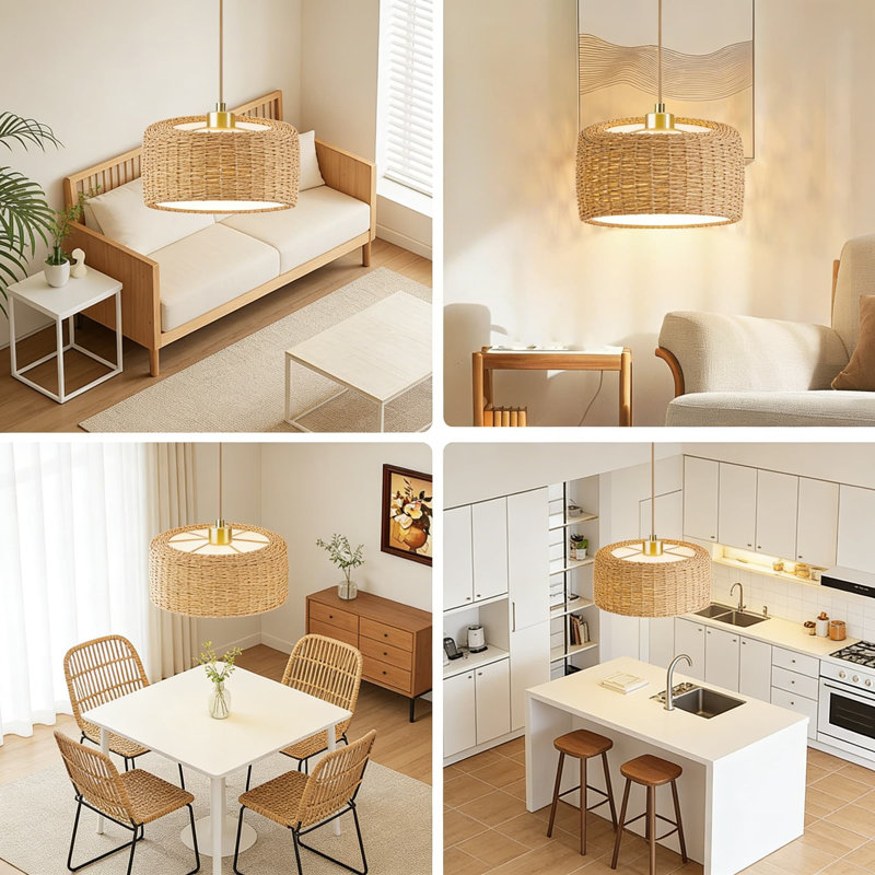 Plug-In Pendant Light With Rattan Shade And Included Bulb, Easy Install Hanging Lamp For Bedroom, Living Room, Or Kitchen Island