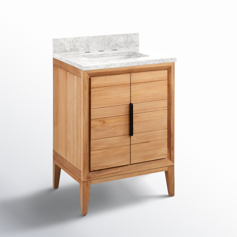 24" Aliso Single Bathroom Vanity Set with Rectangular Undermount Sink, Carrara Marble, 8" Widespread, Natural Teak