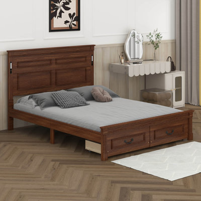 Queen Size Bed With Tall-Panel Headboard & Footboard, 2 Storage Drawers, Built-In LED Lights,  Pinewood Bed With Strengthened Bed Frame
