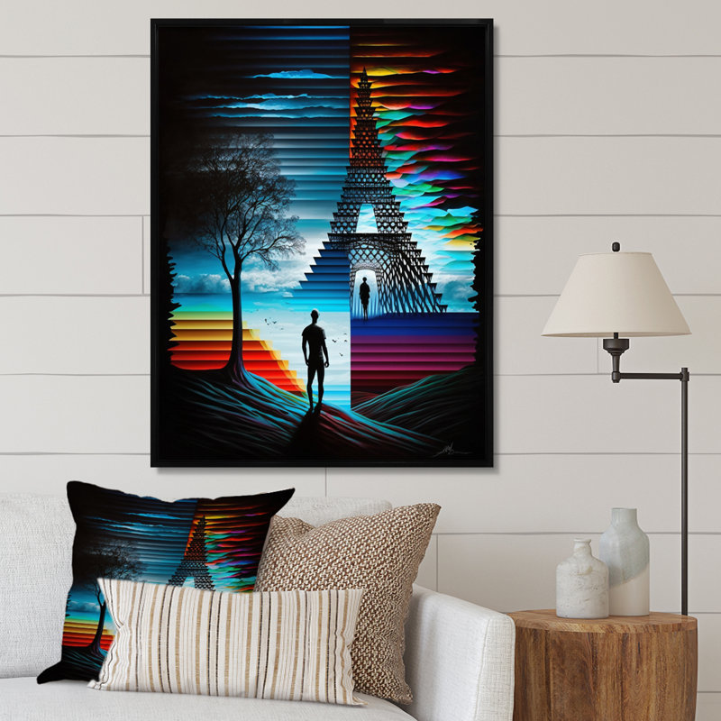 «Paris Eiffel Tower Contemporary Rainbow», reproduction sur toile, H 20 po x l 12 po x P 1 po, Cadre flottant noir