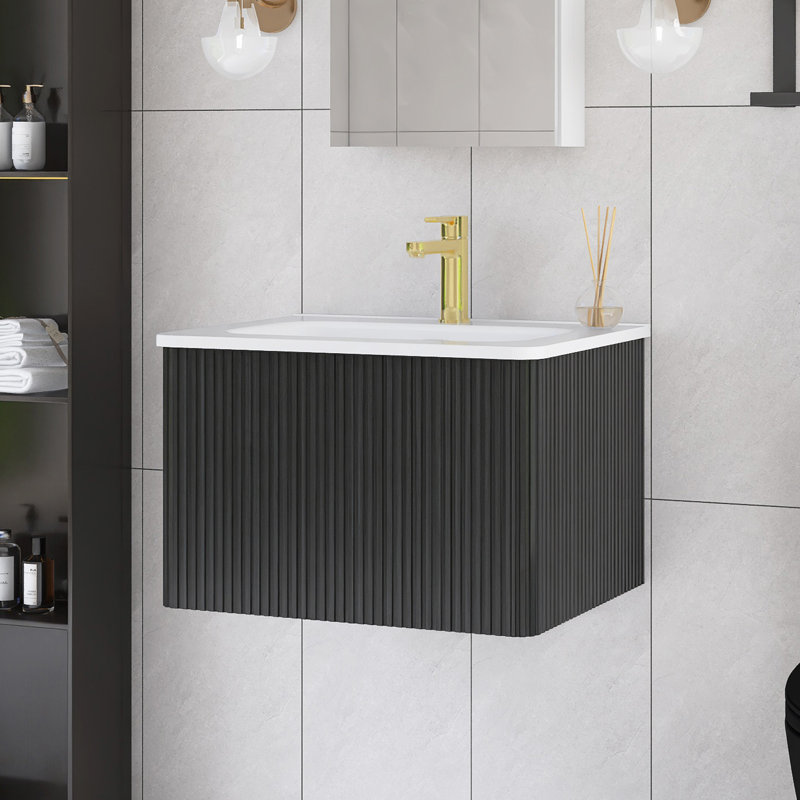 Meuble-lavabo simple mural 24 po avec plateau en céramique blanche 24 po, Noir, noir, noir, noir