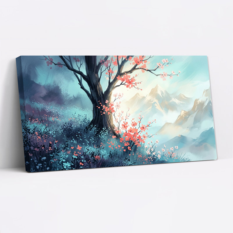 Tableau sur toile représentant un arbre en fleurs roses et des montagnes bleues dans la brume, L 32 po x H 16 po