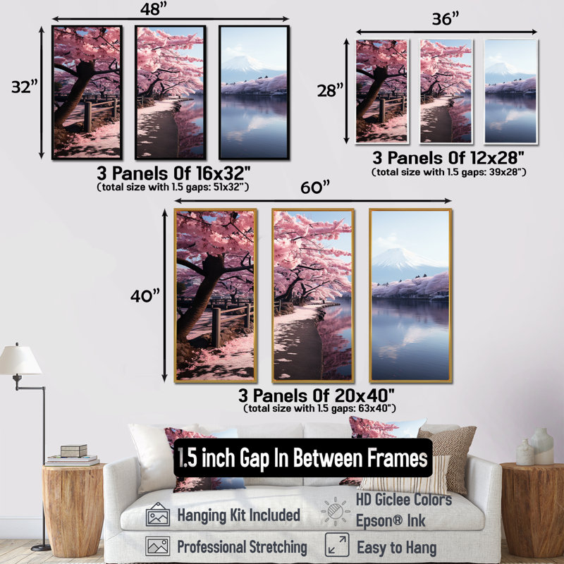 «Cherry Blossom Mount Fuji Reflections Japon III - montagnes», reproduction d'art sur toile, H 40 po x l 60 po x P 1 po