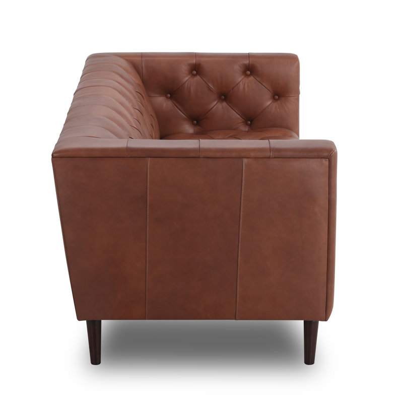  Canapé Chesterfield en cuir véritable 84 po, Cuir grainé rétro vintage brun