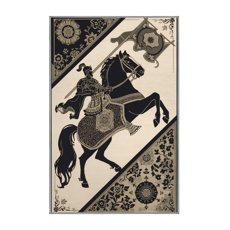 Soft Plush Dupree Warhorse Rider Traditional Oriental Area Rug in Purple – Gray Binding, 7x10