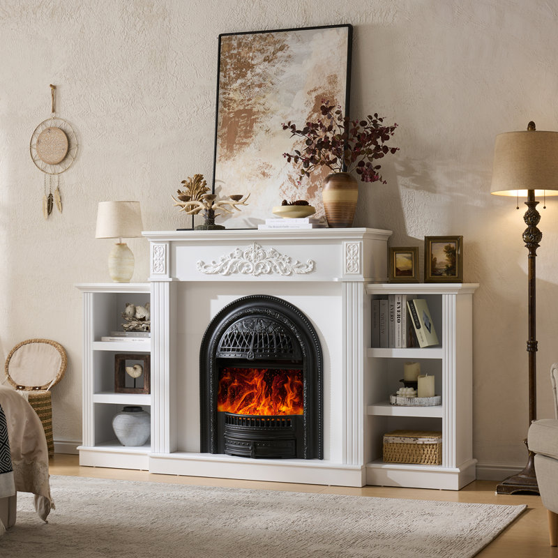 72" Electric Fireplace with Mantel,Farmhouse Electric Fireplace TV Stand with 23" Electric Fireplace Heater, Bronw/White