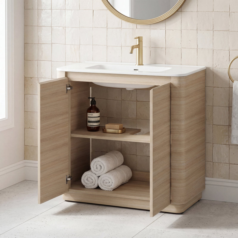 36" Freestanding Bathroom Vanity with Ceramic Sink, Rounded Corners & Handle-Free Design, 36"