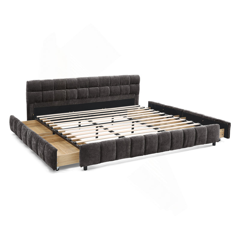  Lit tapissier, base de lit rembourrée confortable, tissu chenille, avec tête de lit et base de lit solide. Avec tiroir pour le rangement (88,5 po x 85,5 po x 31 po)