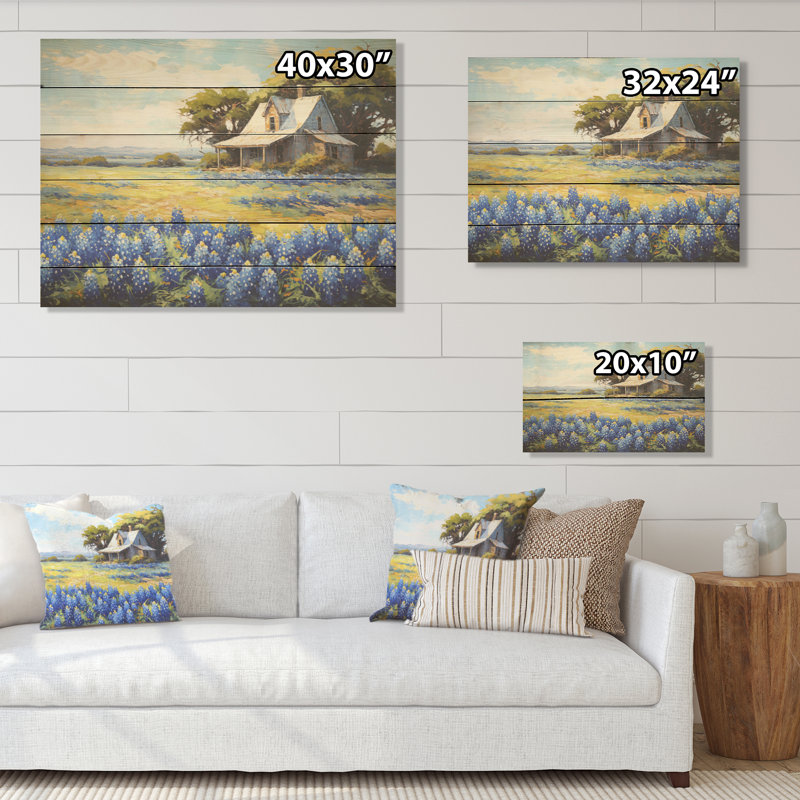 «Blue Bonnets Ballet Meadows» - art mural en bois bleu sur bois de pin naturel, H 30 po x l 40 po
