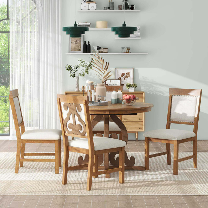Ensemble de salle à manger rétro 5 pièces, 1 table extensible, Beige / noyer, Noyer