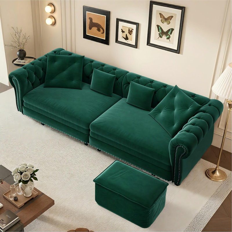 89" King Size Pull Out Sofa Bed 3-in-1 Convertible Velvet Chesterfield Sleeper Couch, Green