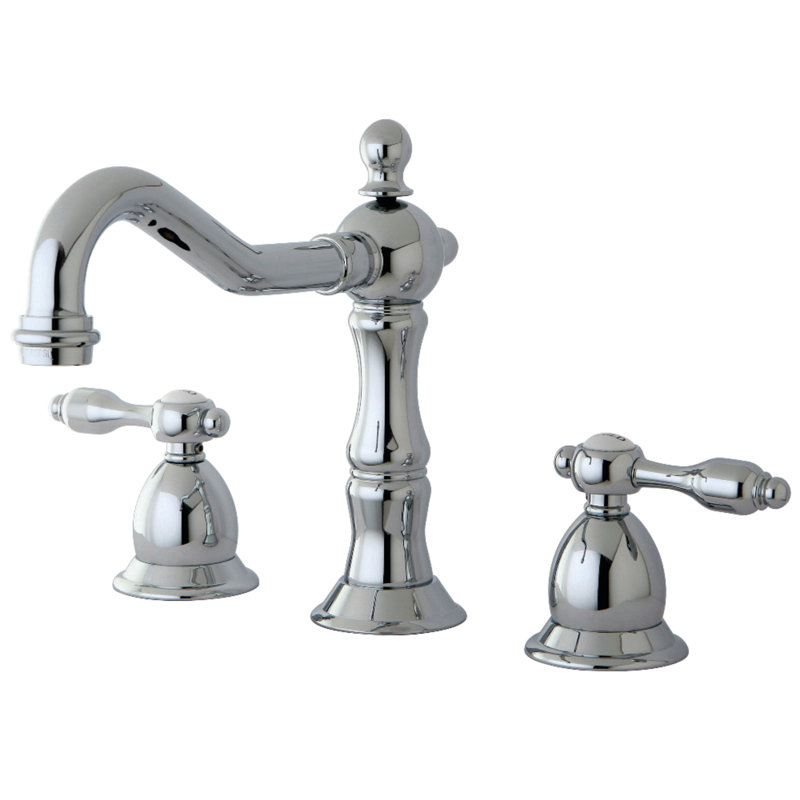 Kingston Brass Tudor Two-Handle 3-Hole Deck Mount Widespread Bathroom Faucet with Brass Pop-Up Drain, Polished Chrome