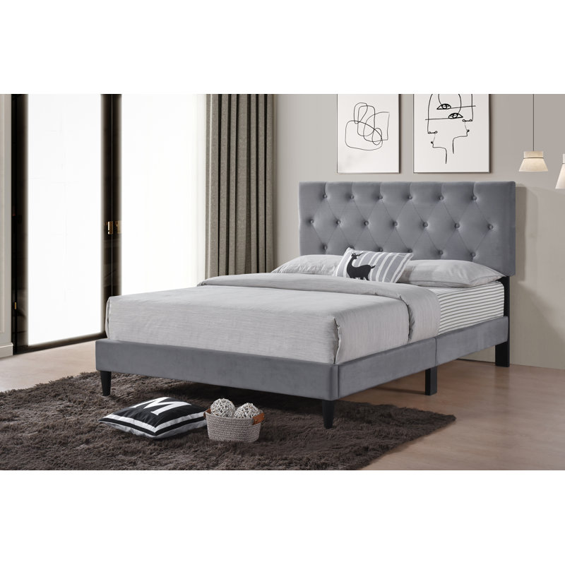 Lit plateforme en velours avec tête de lit capitonnée réglable, cadre de lit tapissier moderne, aucun sommier requis, grand, gris