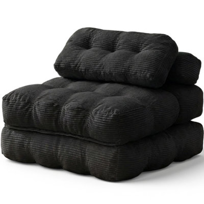 Folding Convertible Sofa Bed, Corduroy Boneless Sleeper Chair with Pillow & Storage Pocket, Foldable Floor Couch for Guest Bedroom Living Room,Black