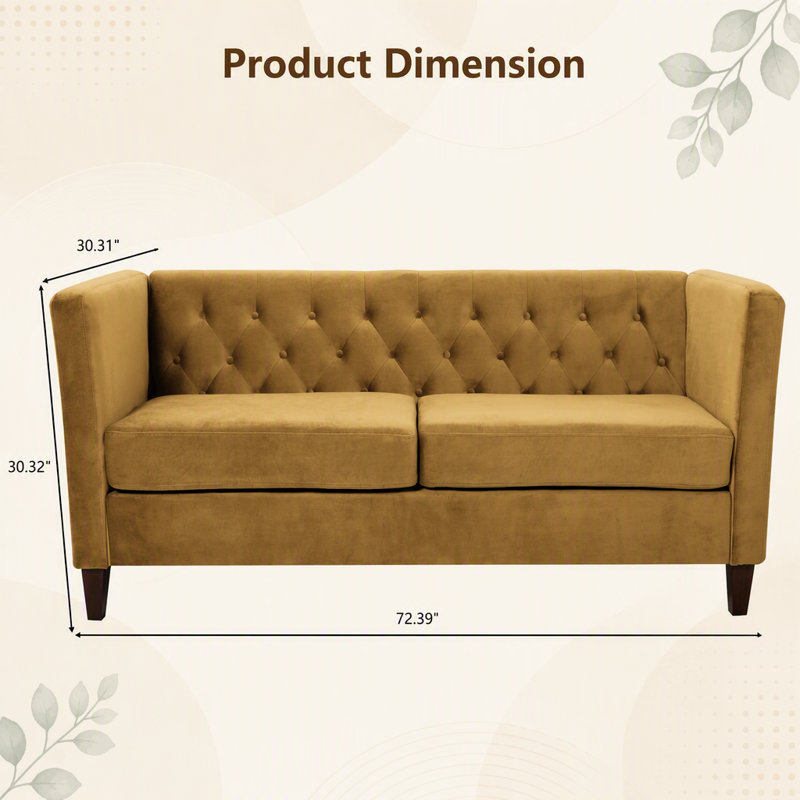 Canapé 3 places en velours capitonné avec pieds fuselés en bois, Mustard yellow Polyester