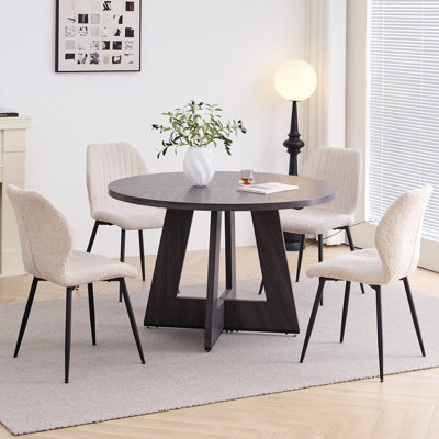 5 Piece 47'' Round Dining Table Set For 4, Farmhouse Kitchen Table With 4 Boucle Modern Dinning Room Chairs