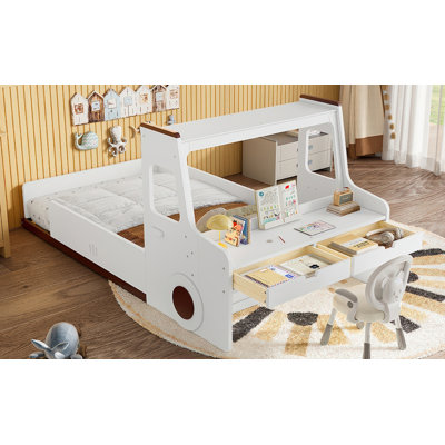 Lit simple au sol avec une conception en forme de voiture intéressante, lit de voiture pour enfants avec tiroirs de rangement, fenêtre et bureau, conception enfantine, blanc